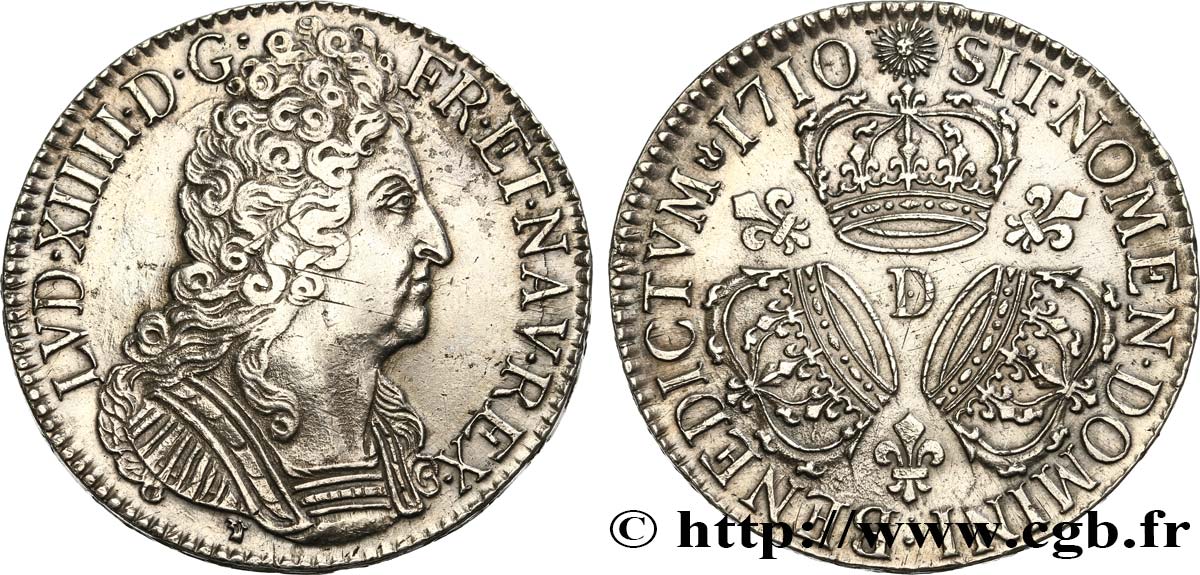 LOUIS XIV  THE SUN KING  Écu aux trois couronnes 1710 Lyon XF