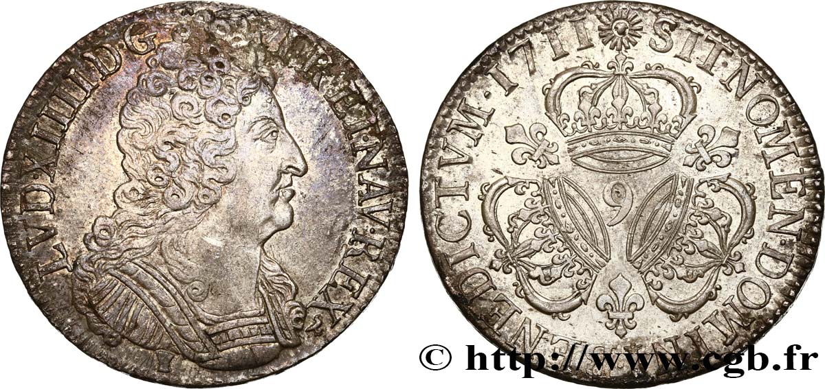 LOUIS XIV  THE SUN KING  Écu aux trois couronnes 1711 Rennes MBC+