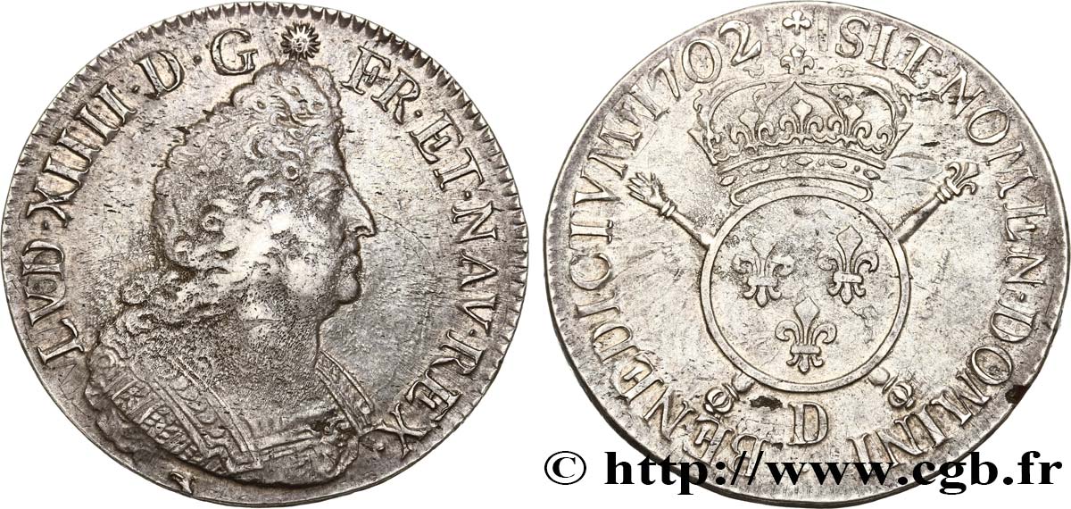 LOUIS XIV  THE SUN KING  Écu aux insignes 1702 Lyon BB/q.SPL