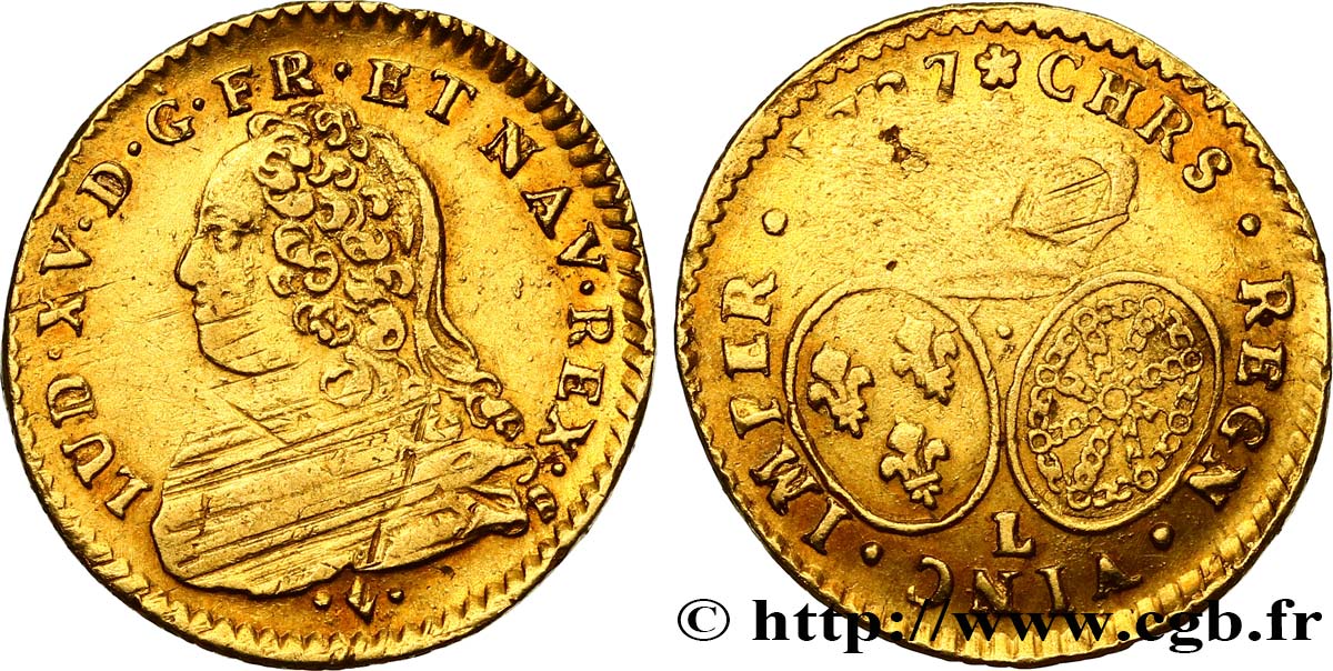 LOUIS XV  THE WELL-BELOVED  Demi-louis d or aux écus ovales, buste habillé 1727 Bayonne VF