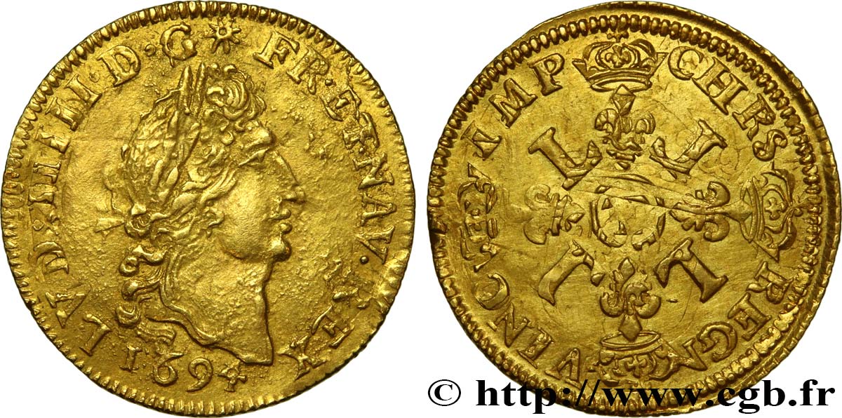 LOUIS XIV  THE SUN KING  Demi-louis d or aux quatre L, fausse réformation 1694 Nantes MBC/MBC+