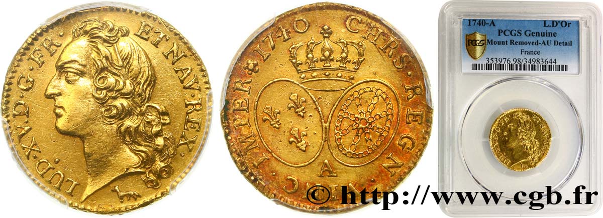 LOUIS XV  THE WELL-BELOVED  Louis d’or aux écus ovales, tête ceinte d’un bandeau 1740 Paris MBC+