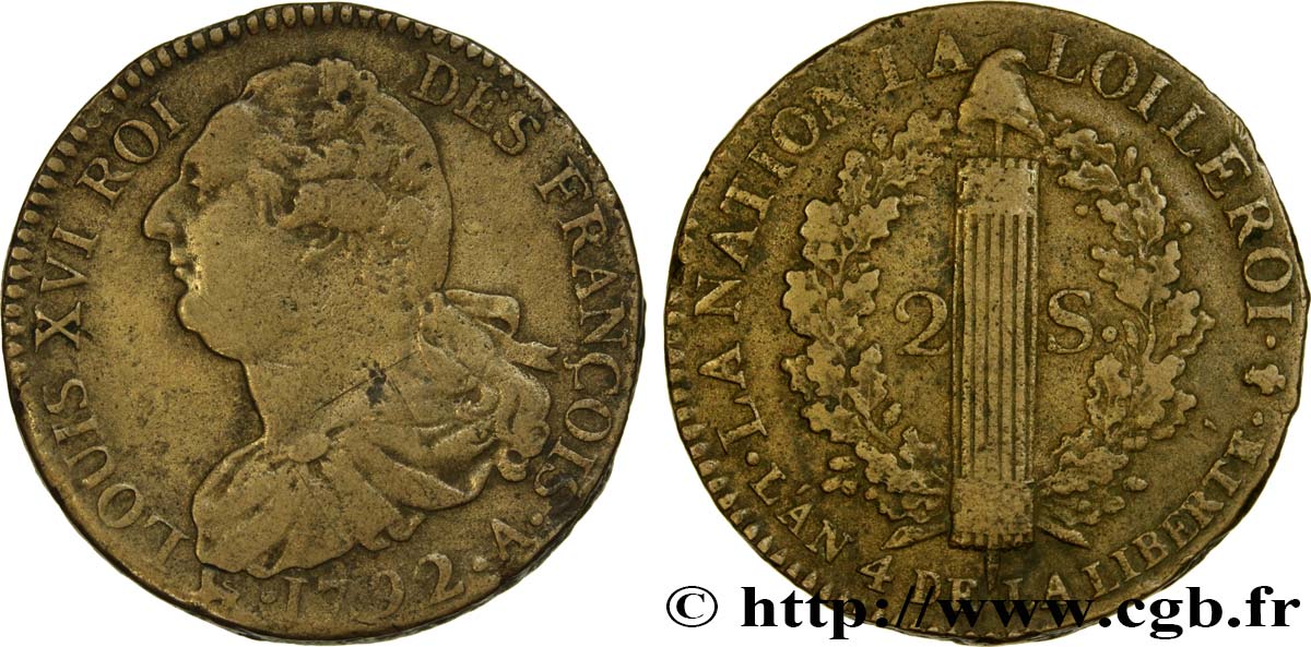 LOUIS XVI 2 sols dit  au faisceau , type FRANÇOIS 1792 Paris BC+/MBC
