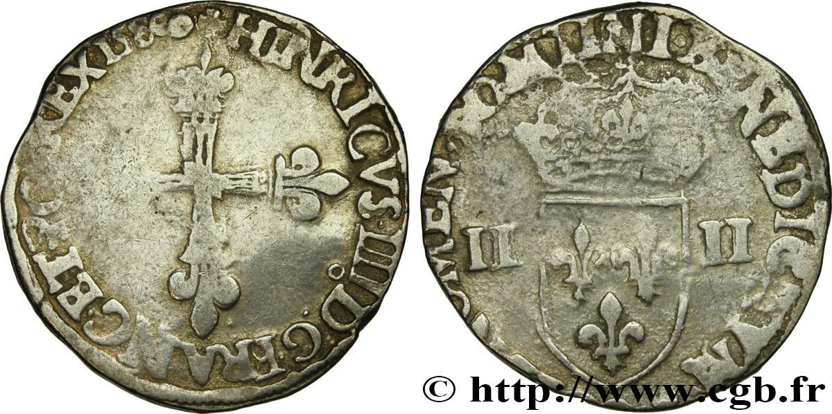 HENRI III Quart d écu, croix de face 1589 Rennes TB