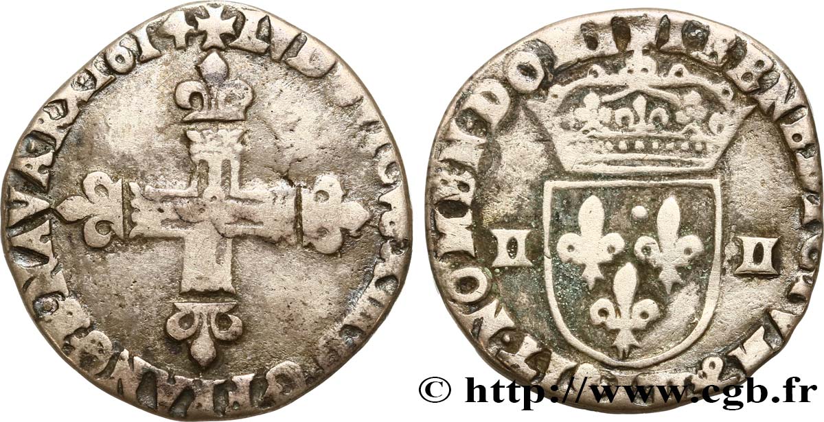 LOUIS XIII  Quart d écu, à la croix fleurdelisée, titulature côté croix 1614 Bayonne fSS