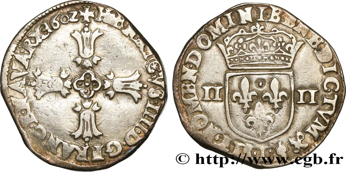 HENRI IV LE GRAND Quart d écu, croix feuillue de face 1602 Bayonne TB+