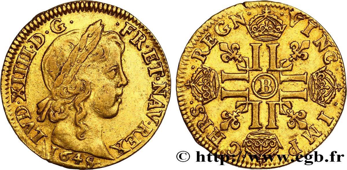 LOUIS XIV LE GRAND OU LE ROI SOLEIL Louis d’or aux huit L, portrait à la mèche longue 1648 Rouen TTB