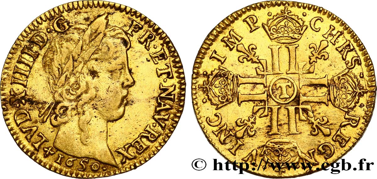 LOUIS XIV  THE SUN KING  Louis d’or aux huit L, portrait à la mèche longue 1650 Nantes MB/BB