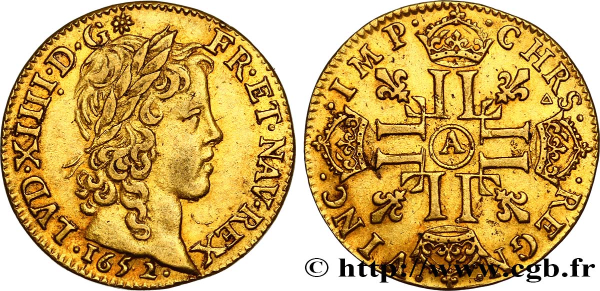 LOUIS XIV  THE SUN KING  Louis d’or aux huit L, portrait à la mèche longue 1652 Paris MBC+/EBC