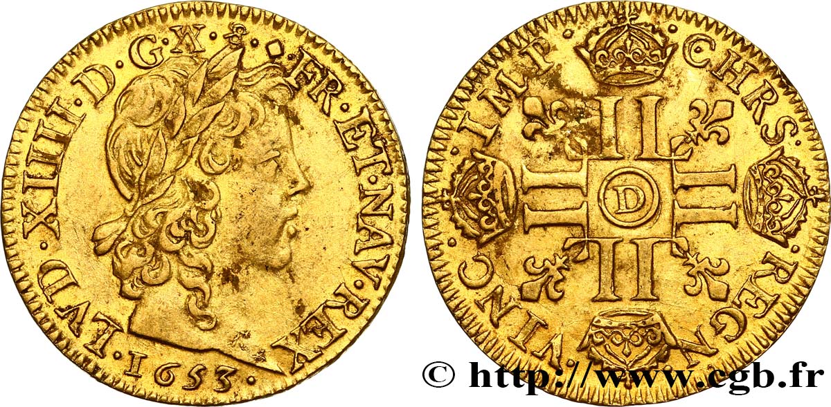 LOUIS XIV  THE SUN KING  Louis d’or aux huit L, portrait à la mèche longue 1653 Lyon q.SPL