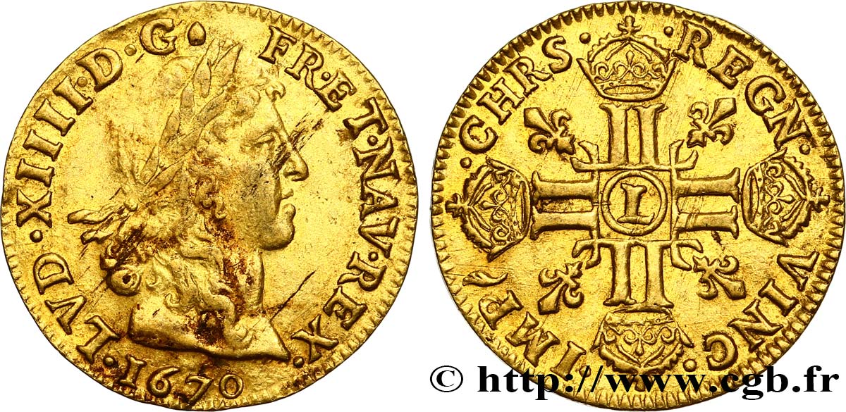 LOUIS XIV  THE SUN KING  Louis d or aux huit L, portrait apollinien 1670 Bayonne MBC/MBC+