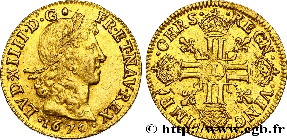 LOUIS XIV  THE SUN KING  Louis d or aux huit L, portrait apollinien 1670 Bayonne MBC/MBC+
