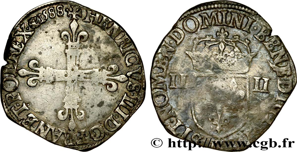 HENRI III Quart d écu, croix de face 1588 Saint-Lô TB