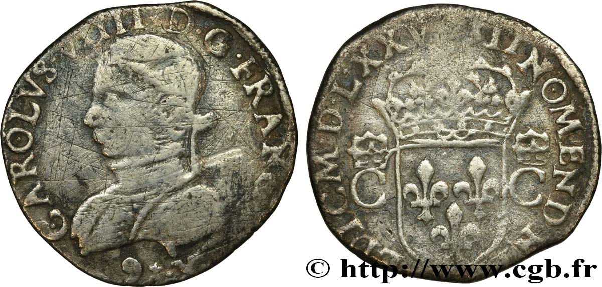 HENRY III. COINAGE AT THE NAME OF CHARLES IX Teston, 2e type 1575 (MDLXXV) Rennes q.MB