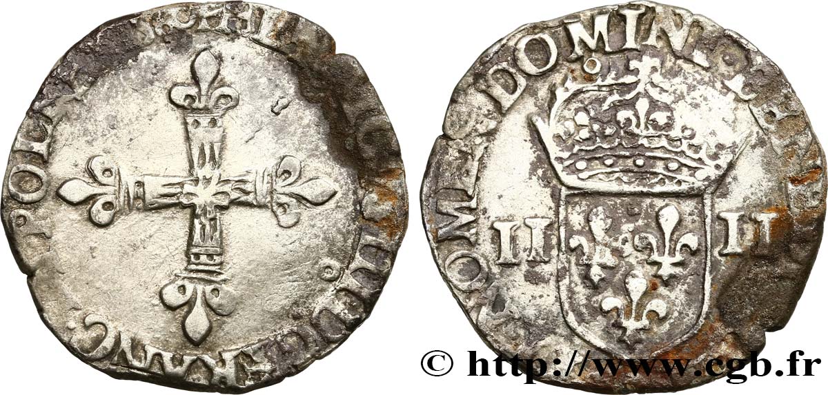 HENRY III Quart d écu, croix de face 1580 Rennes S