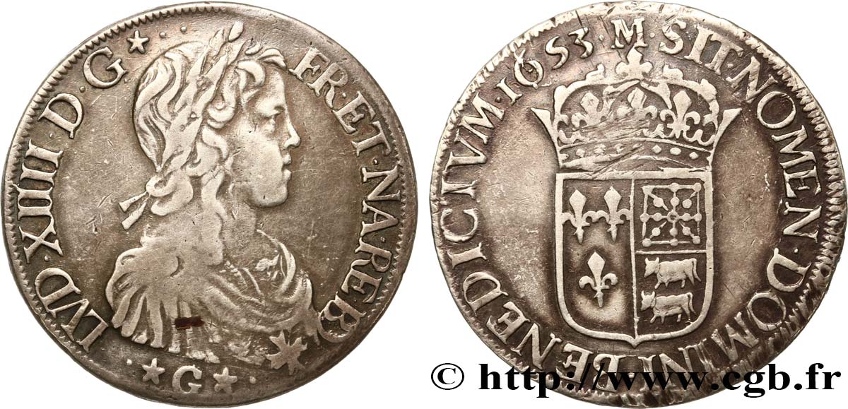 LOUIS XIV  THE SUN KING  Écu de Béarn, portrait à la mèche longue 1653 Morlaàs MBC