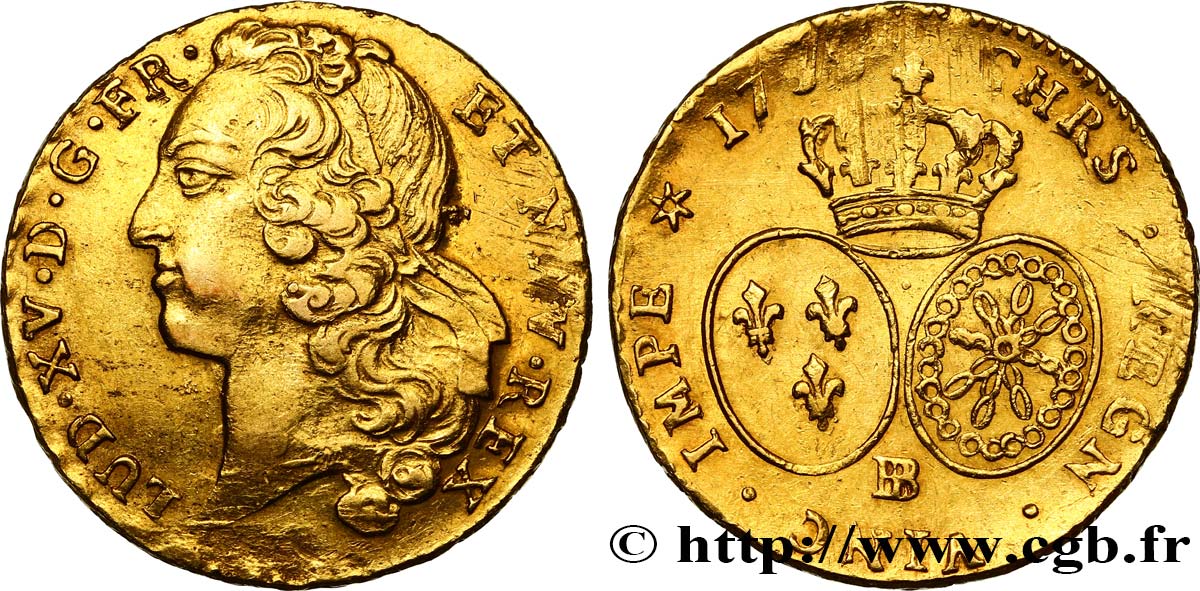 LOUIS XV  THE WELL-BELOVED  Double louis d’or aux écus ovales, tête ceinte d’un bandeau n.d. Strasbourg MBC
