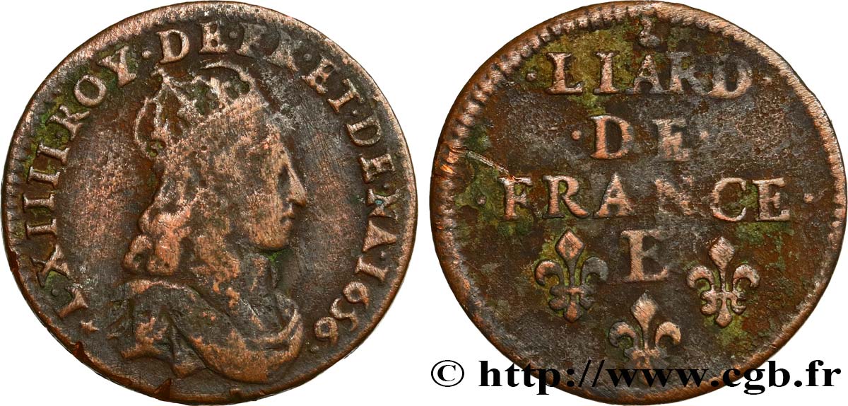 LOUIS XIV LE GRAND OU LE ROI SOLEIL Liard de cuivre, 2e type 1656 Meung-sur-Loire TB