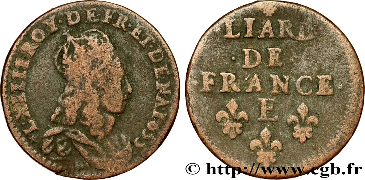 LOUIS XIV LE GRAND OU LE ROI SOLEIL Liard de cuivre, 2e type 1655 Meung-sur-Loire TB