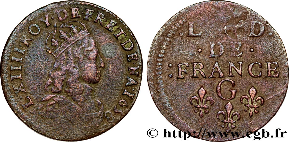 LOUIS XIV  THE SUN KING  Liard de cuivre, 2e type 1658 Châtellerault fSS