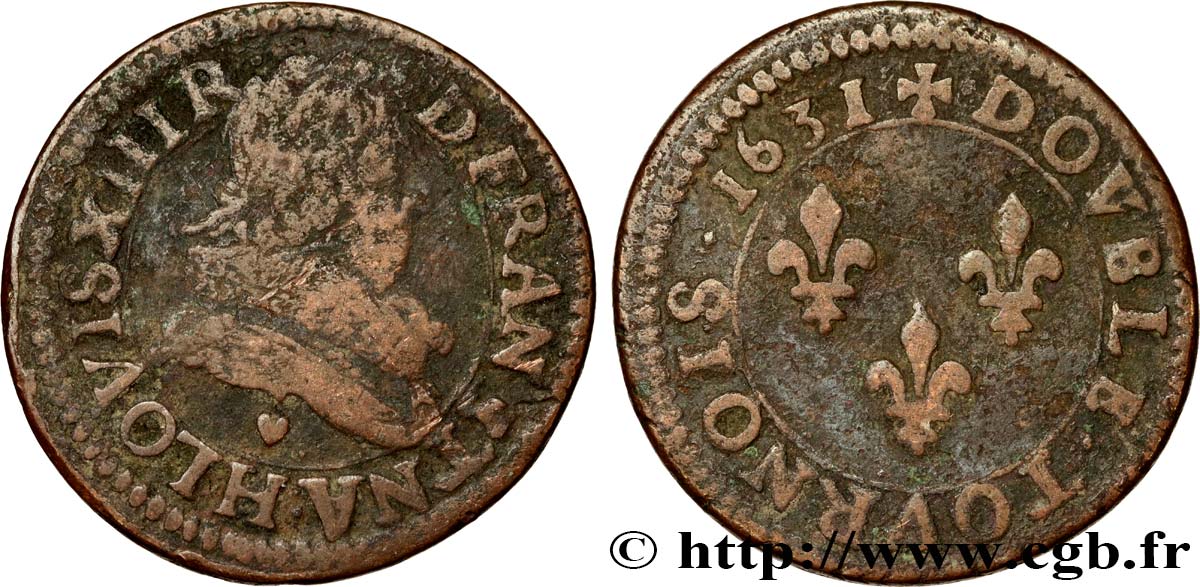 LOUIS XIII LE JUSTE Double tournois, type 1 1631 La Rochelle TB