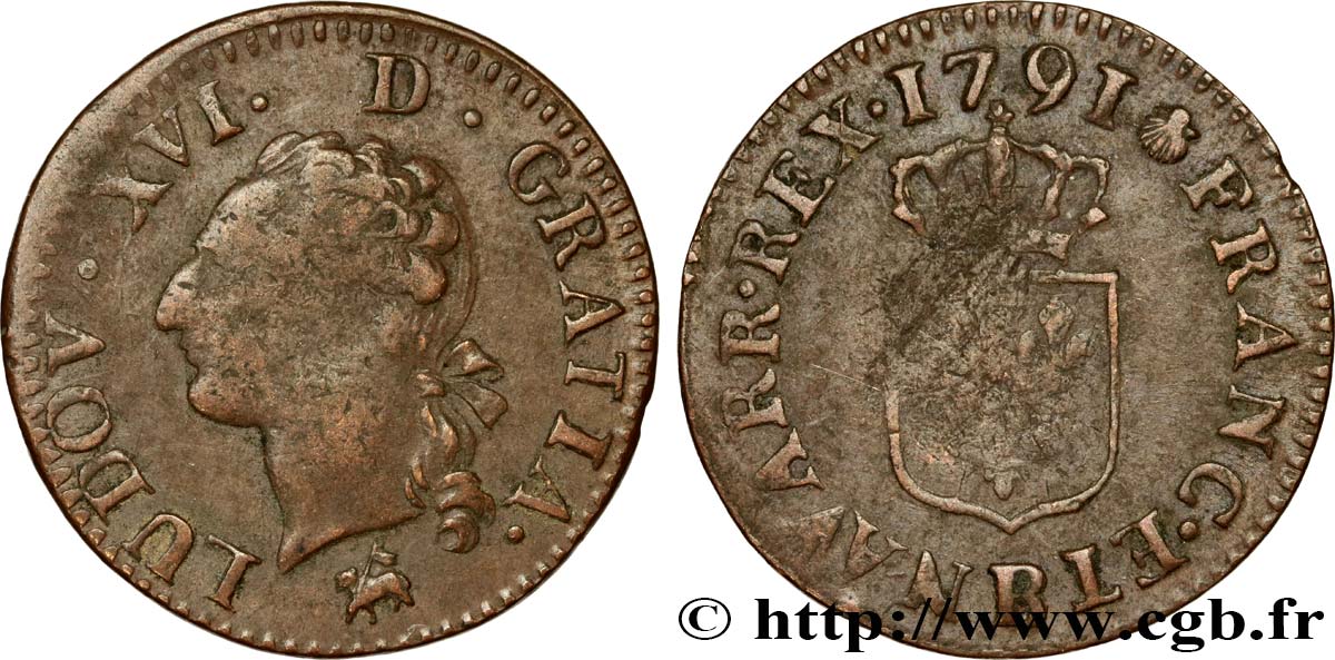 LOUIS XVI Liard dit  à l écu  1791 Rouen TB+