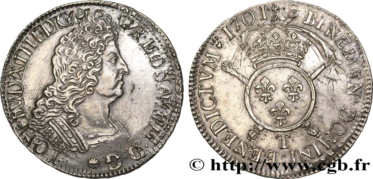 LOUIS XIV  THE SUN KING  Écu aux insignes 1701 Nantes EBC