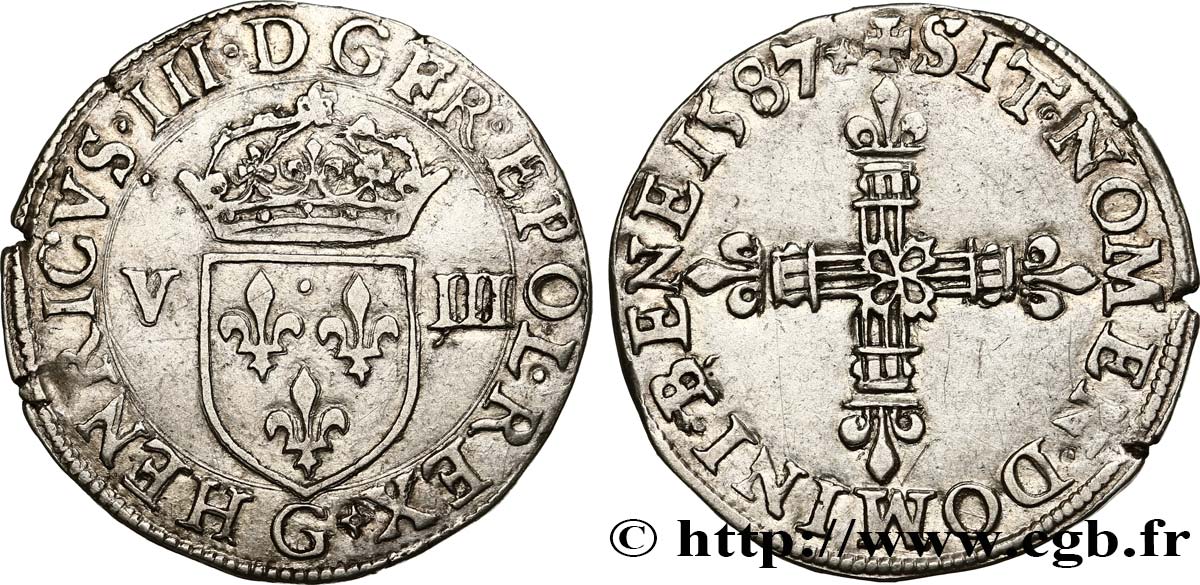 HENRY III Huitième d écu, écu de face 1587 Poitiers MBC+/EBC