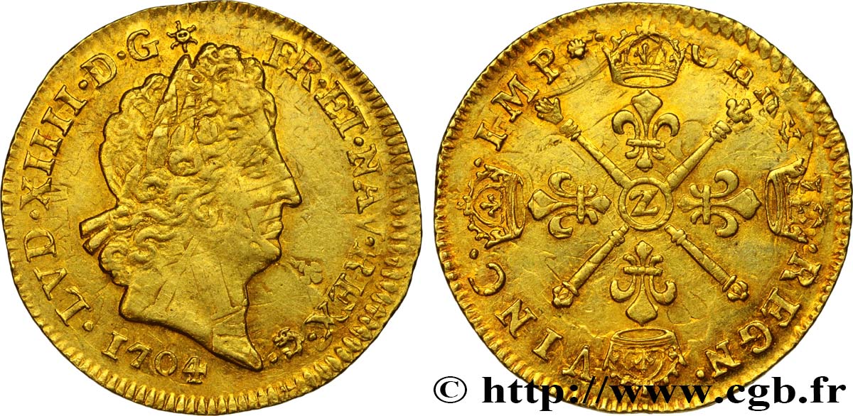 LOUIS XIV  THE SUN KING  Louis d or aux insignes 1704 Grenoble XF/AU