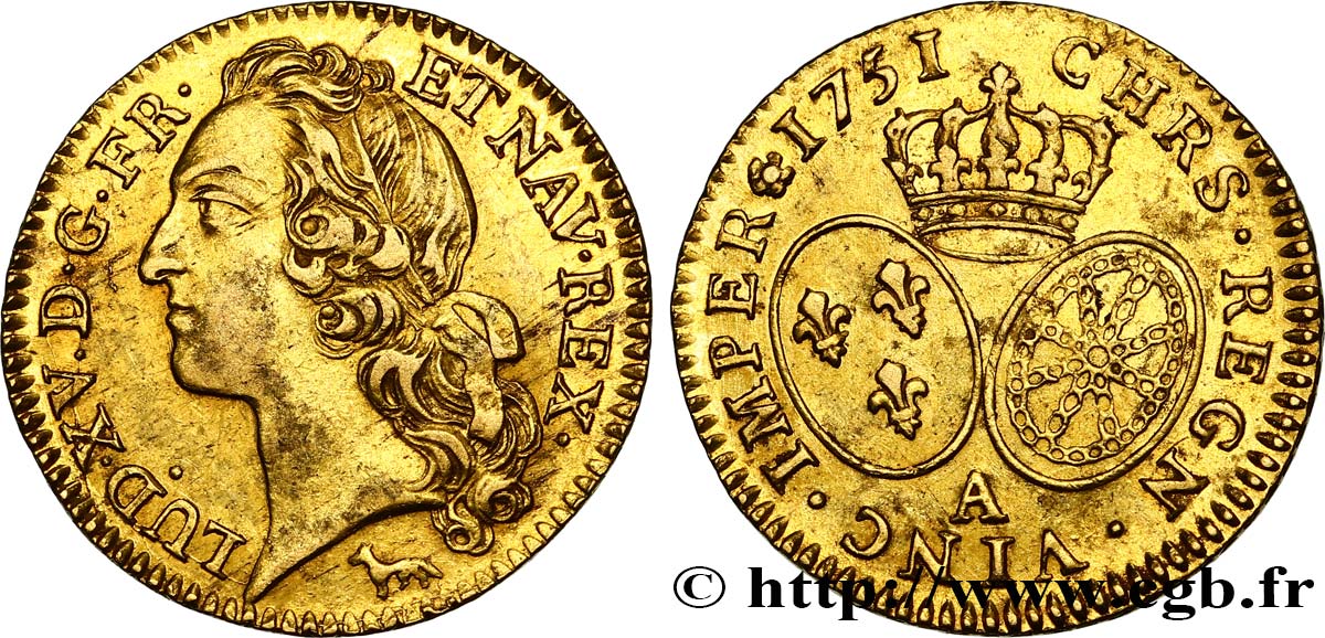 LOUIS XV  THE WELL-BELOVED  Louis d’or aux écus ovales, tête ceinte d’un bandeau 1751 Paris AU