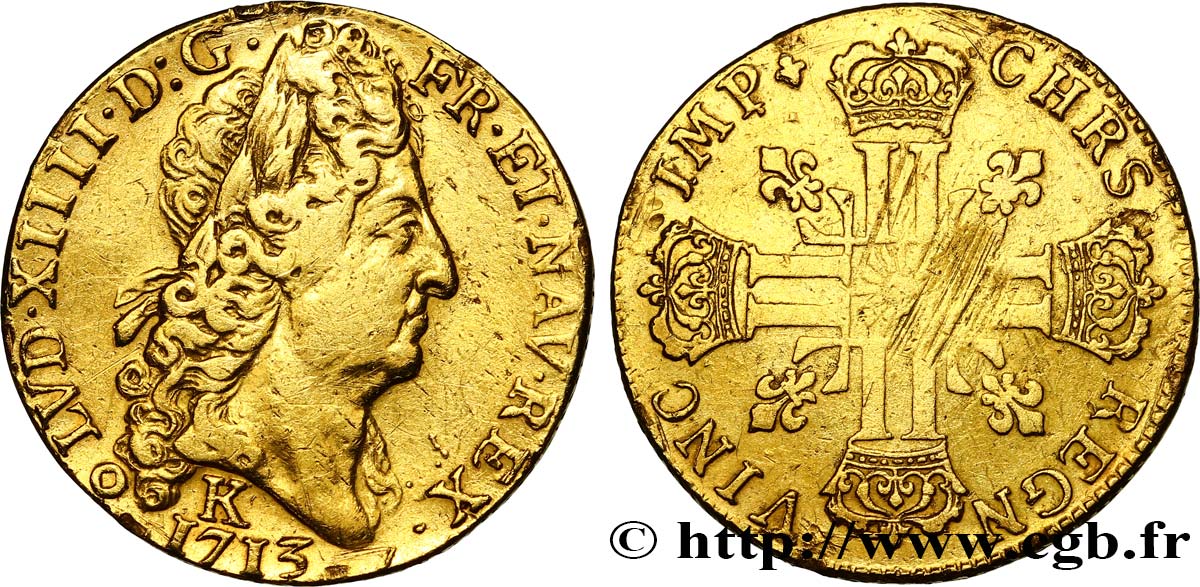 LOUIS XIV  THE SUN KING  Double louis d or au soleil 1713 Bordeaux VF