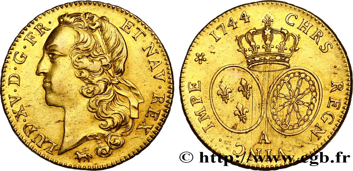 LOUIS XV  THE WELL-BELOVED  Double louis d’or aux écus ovales, tête ceinte d’un bandeau 1744 Paris VZ