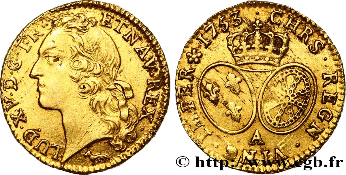 LOUIS XV THE BELOVED Louis d’or aux écus ovales, tête ceinte d’un bandeau 1753 Paris AU/AU