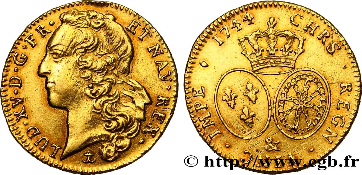 LOUIS XV  THE WELL-BELOVED  Double louis d’or aux écus ovales, tête ceinte d’un bandeau 1744 Aix-en-Provence q.SPL