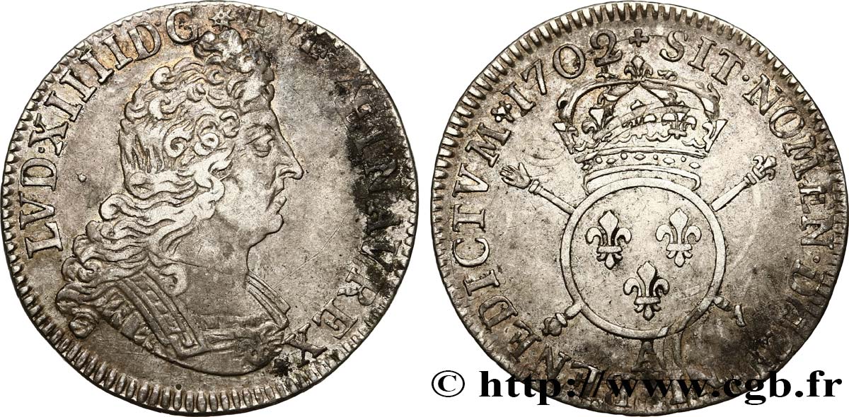 LOUIS XIV  THE SUN KING  Quart d écu aux insignes 1702 Paris MBC