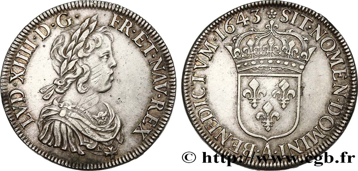 LOUIS XIV  THE SUN KING  Écu, portrait à la mèche courte 1643 Paris, Monnaie de Matignon MBC+/EBC