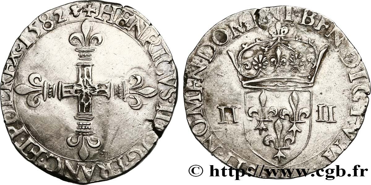 HENRY III Quart d écu, croix de face 1582 La Rochelle XF/VF