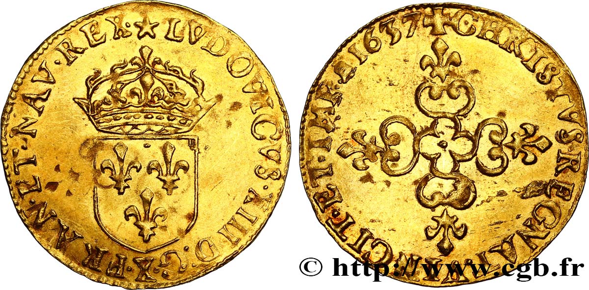 LOUIS XIII  Écu d or au soleil, à la croix anillée fleurdelisée 1637 Amiens AU