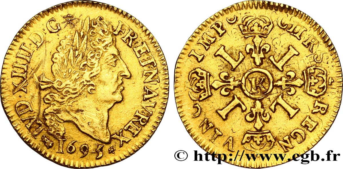 LOUIS XIV  THE SUN KING  Demi-louis d or aux quatre L 1695 Bordeaux q.SPL