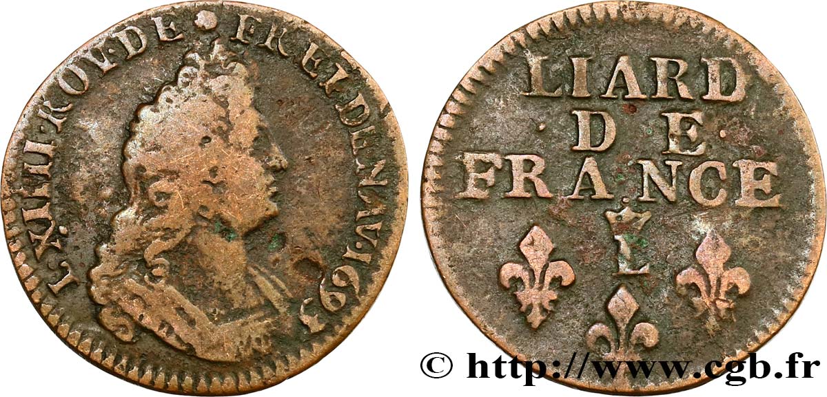 LOUIS XIV LE GRAND OU LE ROI SOLEIL Liard, 3e type, buste âgé 1693 Lille TB