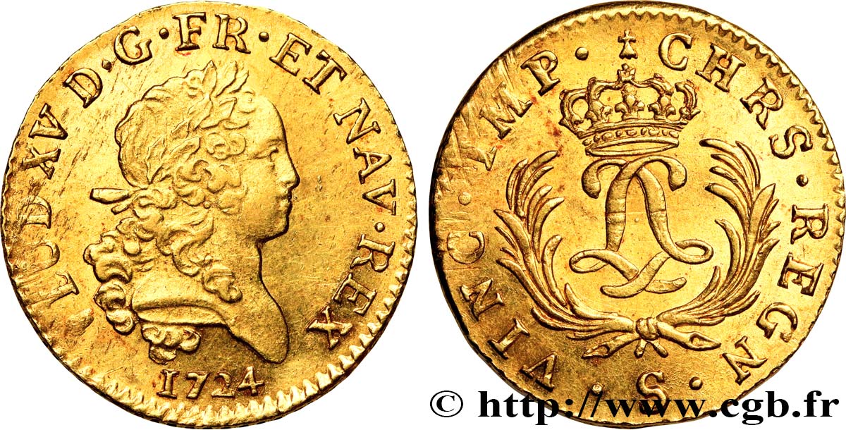 LOUIS XV  THE WELL-BELOVED  Louis d or aux deux L entrelacées et aux palmes longues 1724 Reims MS