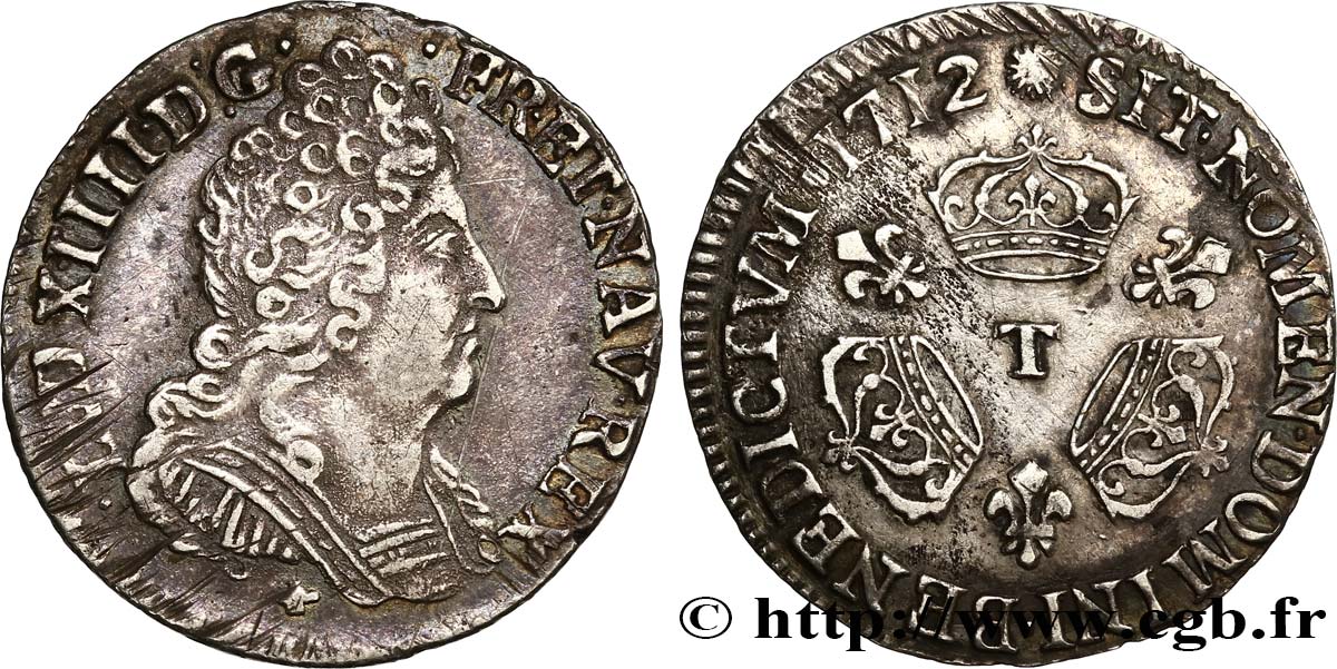 LOUIS XIV  THE SUN KING  Dixième d écu aux trois couronnes 1712 Nantes AU