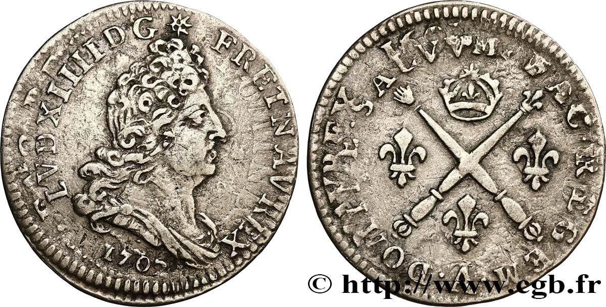 LOUIS XIV  THE SUN KING  Cinq sols aux insignes 1702 Paris VF