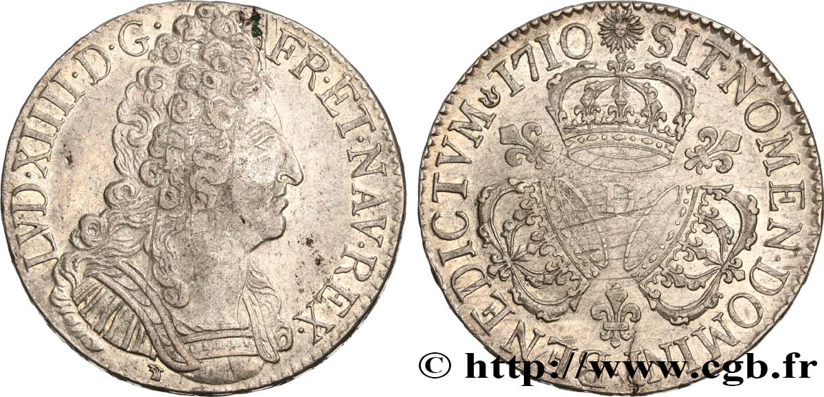 LOUIS XIV  THE SUN KING  Écu aux trois couronnes 1710 Lyon BB/q.SPL