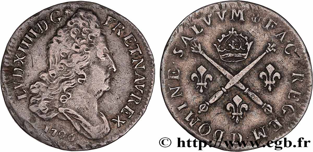 LOUIS XIV  THE SUN KING  10 sols aux insignes 1706 Lyon BC/BC+