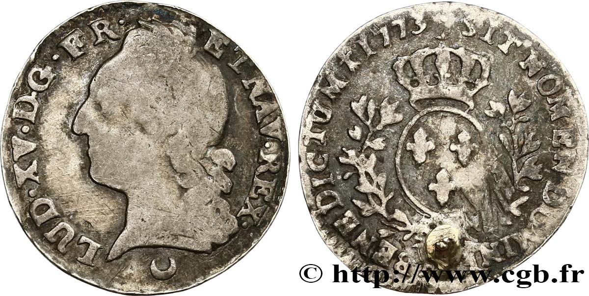 LOUIS XV  THE WELL-BELOVED  Dixième d’écu aux branches d’olivier, buste lauré 1773 Metz RC+