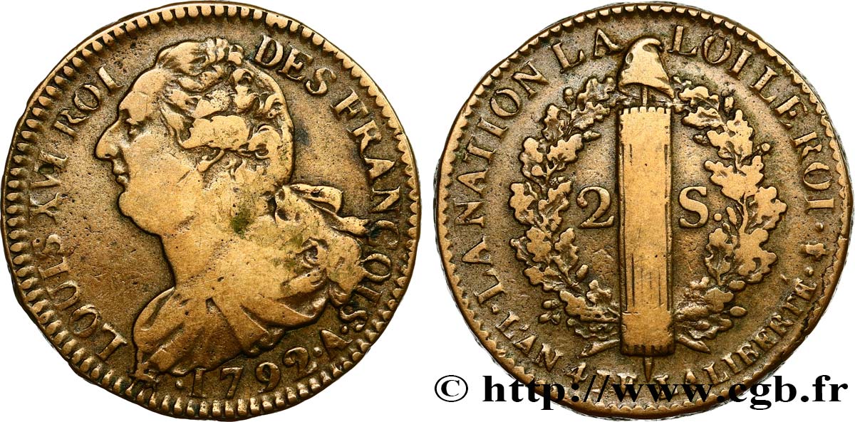 LOUIS XVI (MONARQUE CONSTITUTIONNEL)  2 sols dit &nbsp;au faisceau&nbsp;, type FRANÇOIS 1792 Paris TTB