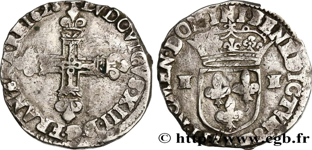 LOUIS XIII LE JUSTE Quart d écu, à la croix fleurdelisée, titulature côté croix 1628 Bayonne TB