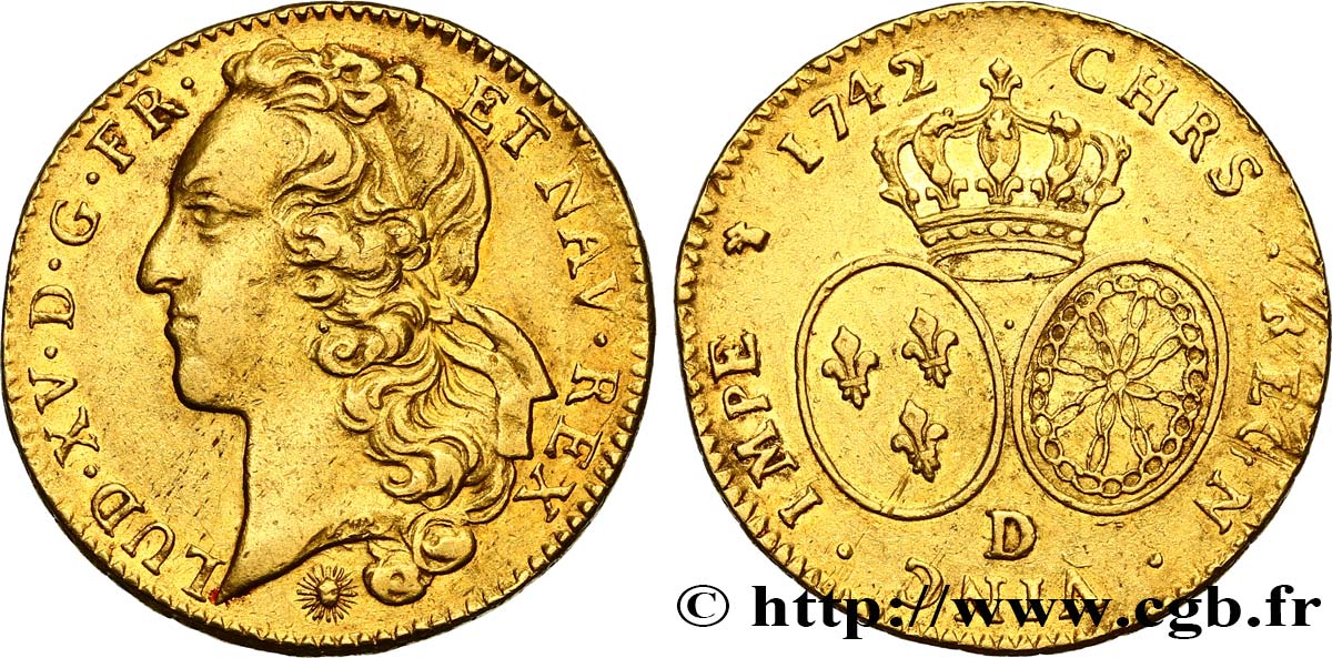 LOUIS XV DIT LE BIEN AIMÉ Double louis d’or aux écus ovales, tête ceinte d’un bandeau 1742 Lyon TTB