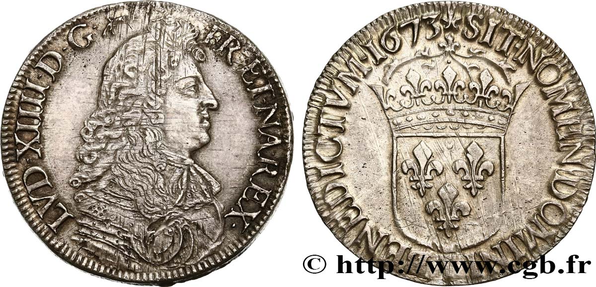 LOUIS XIV  THE SUN KING  Écu, portrait à la cravate courte 1673 Bayonne fVZ